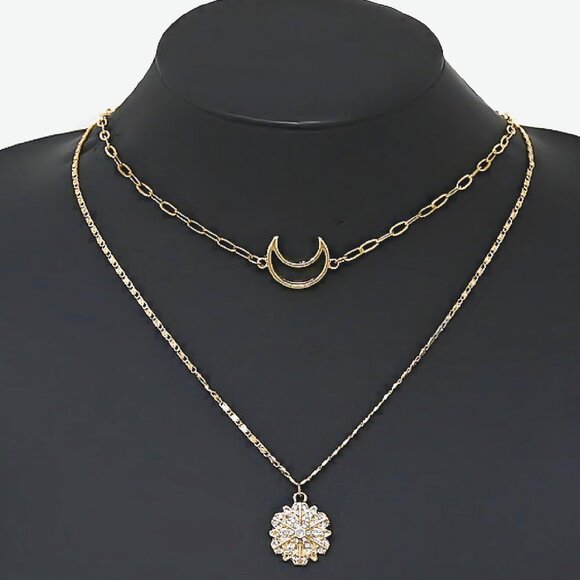 Gold Dipped Crescent Moon and Star Pendant 2-Layer Boho Chain Necklace NEW - Picture 2 of 2